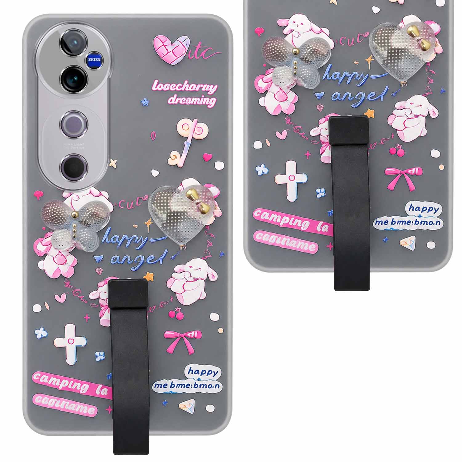 For Vivo V40 | Vivo V40 Pro 5G Back Cover Case (3D Cute Heart Strap Holder | Camera Protection | Designer Girls Print)