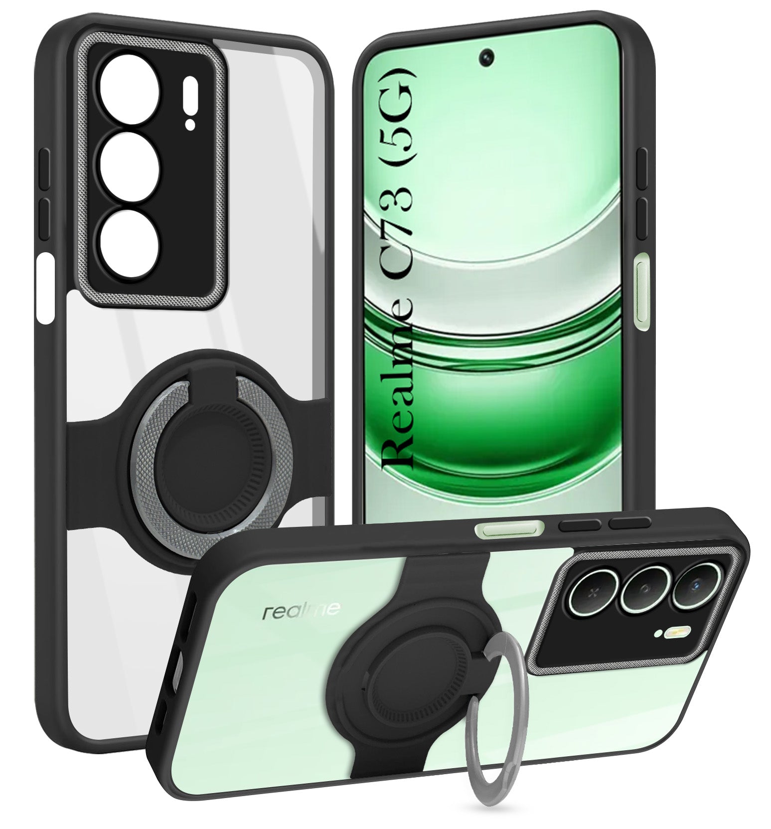 For Realme C73 Back Cover Case with stand (Built-in Ring Holder Kickstand | Lifetime Anti Yellow | Camera Protection)