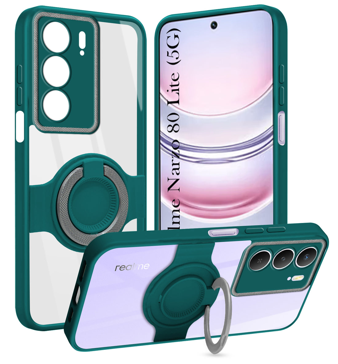 For Realme Narzo 80 Lite 5G Back Cover Case with stand (Built-in Ring Holder Kickstand | Lifetime Anti Yellow | Camera Protection)