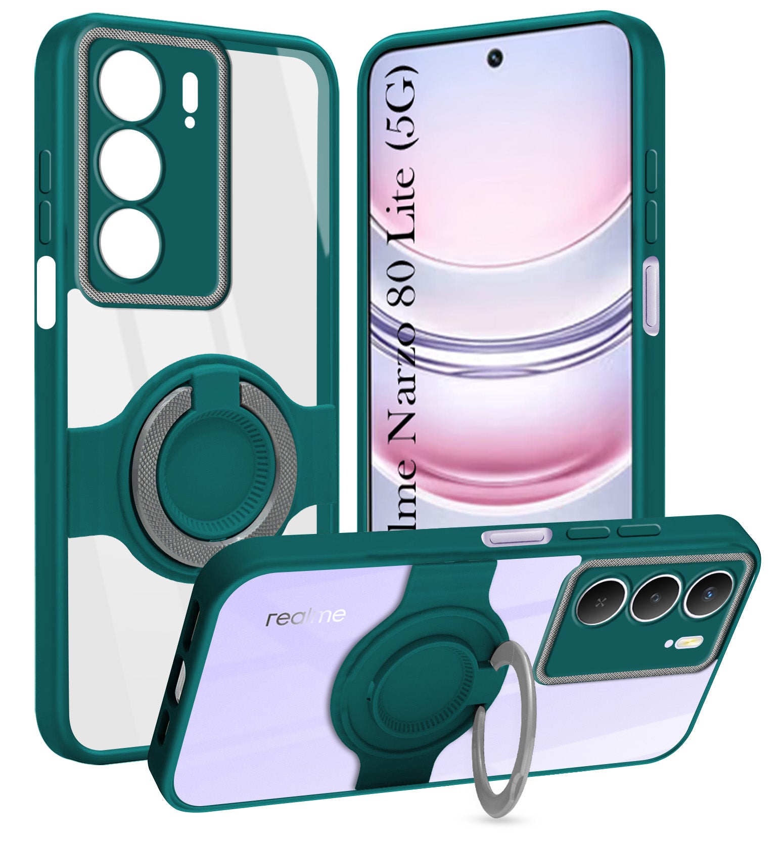 For Realme Narzo 80 Lite 5G Back Cover Case with stand (Built-in Ring Holder Kickstand | Lifetime Anti Yellow | Camera Protection)