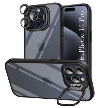 For Apple iPhone 15 Pro Back Cover Case (Camera Lens Glass | Metal Stand Holder | Shockproof Hybrid | Anti Yellow |)