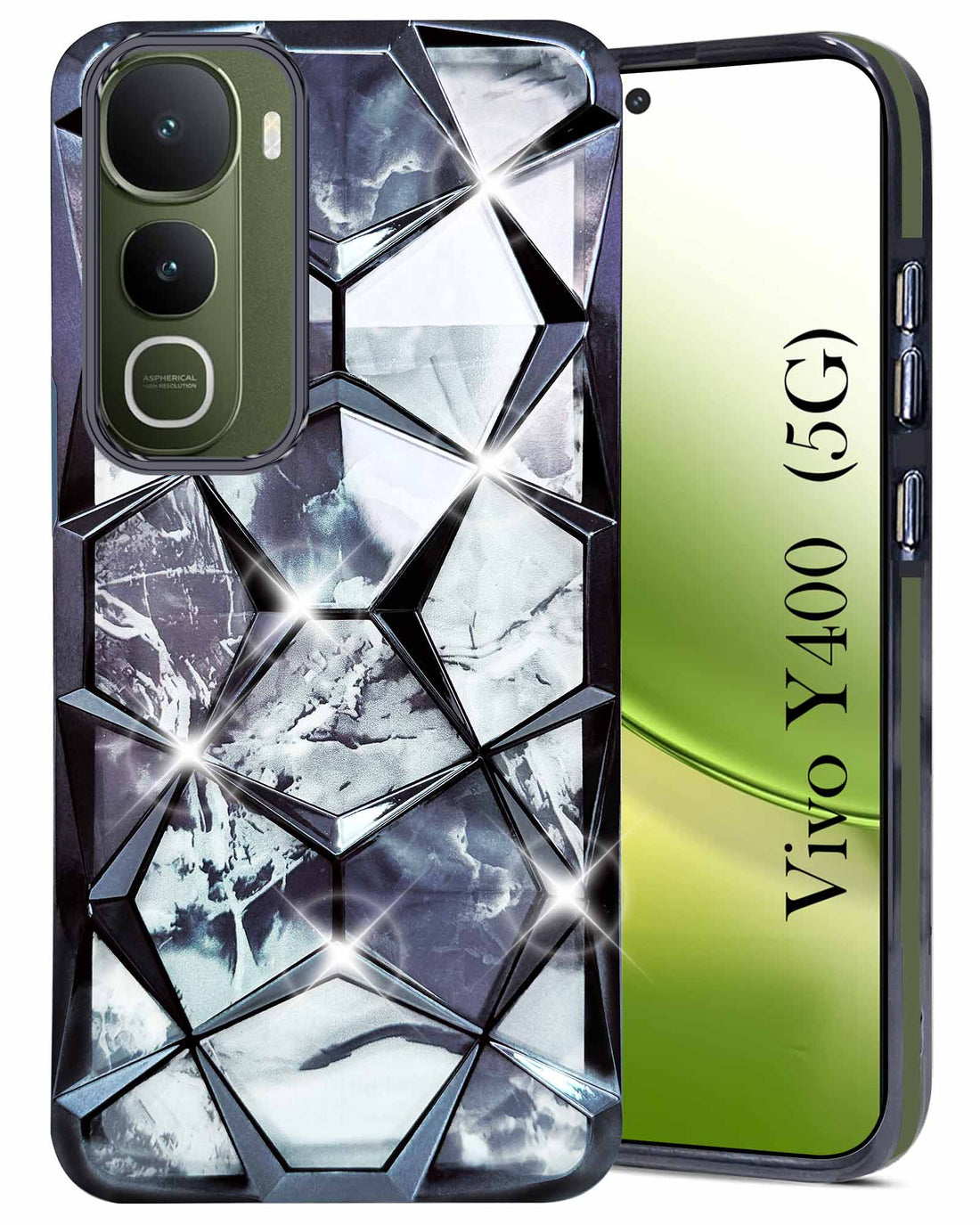For Vivo Y400 Back Cover Case 3D Silicone Compatible (Dual Design Glitter Sparkle and Detachable Diamond Print Case | Soft and Flexible)