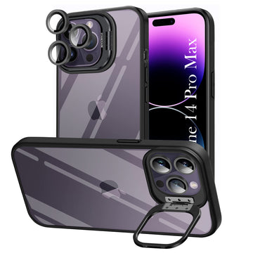 For Apple iPhone 14 Pro Max Back Cover Case (Camera Lens Glass | Metal Stand Holder | Shockproof Hybrid | Anti Yellow |)