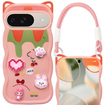 For Google Pixel 9 Back Case Cover Strap (3D Embossed Figures | Strap Holder | 360* Soft Cushion with Camera Bump)
