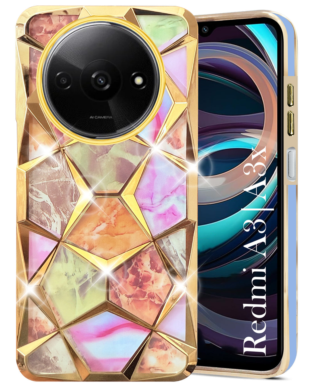 For Xiaomi Redmi A3 2024 | A3X Back Cover Case (Dual Design Glitter Sparkle and Detachable Diamond Print Case | Soft and Flexible)