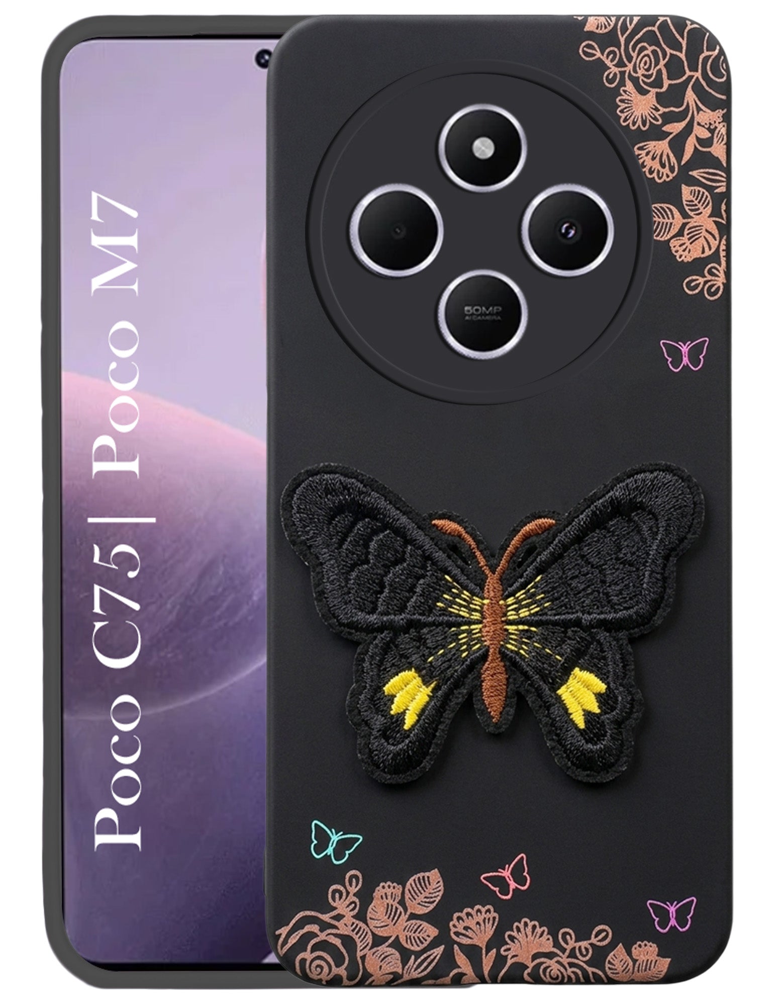 For Poco C75 | Poco M7 Back Cover Case (Soft Butterfly Embroidery | Women Teen Girls | Camera Protection| Matte Silicone)