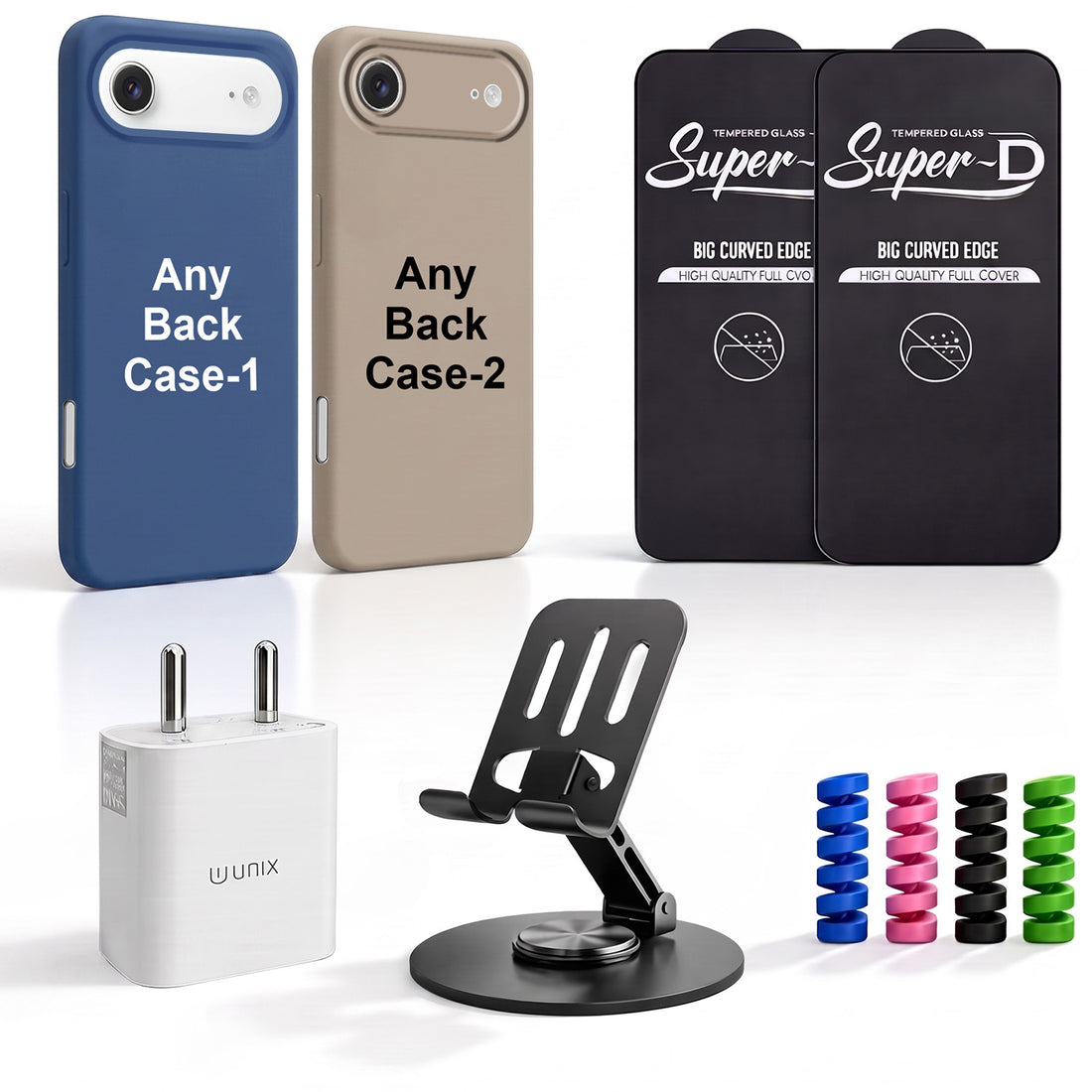 Complete Mobile Care Kit (Get Any 2 Cases+2 Tempered Glass+25W Charger Adapter+Metallic Mobile Stand+Cable Protector)