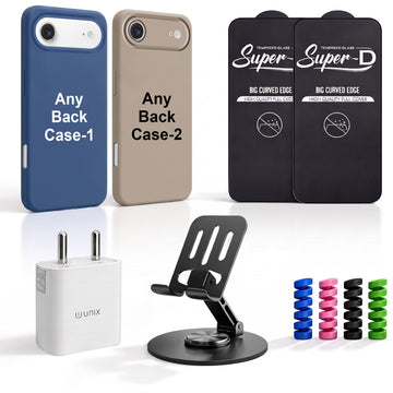 Complete Mobile Care Kit (Get Any 2 Cases+2 Tempered Glass+25W Charger Adapter+Metallic Mobile Stand+Cable Protector)