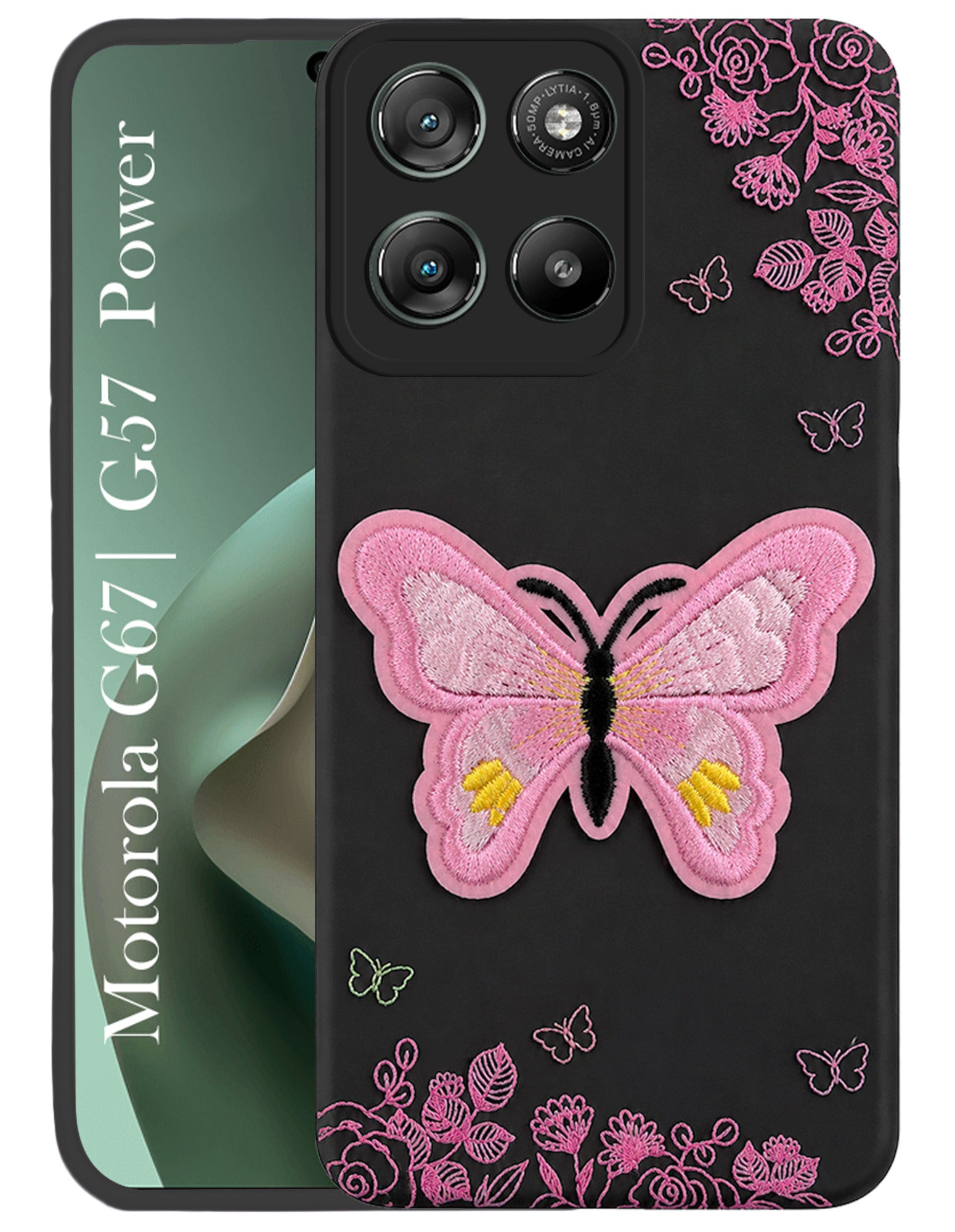 For Motorola Moto G67 Power | G57 Power Back Cover Case (Soft Butterfly Embroidery | Women Teen Girls | Camera Protection| Matte Silicone)
