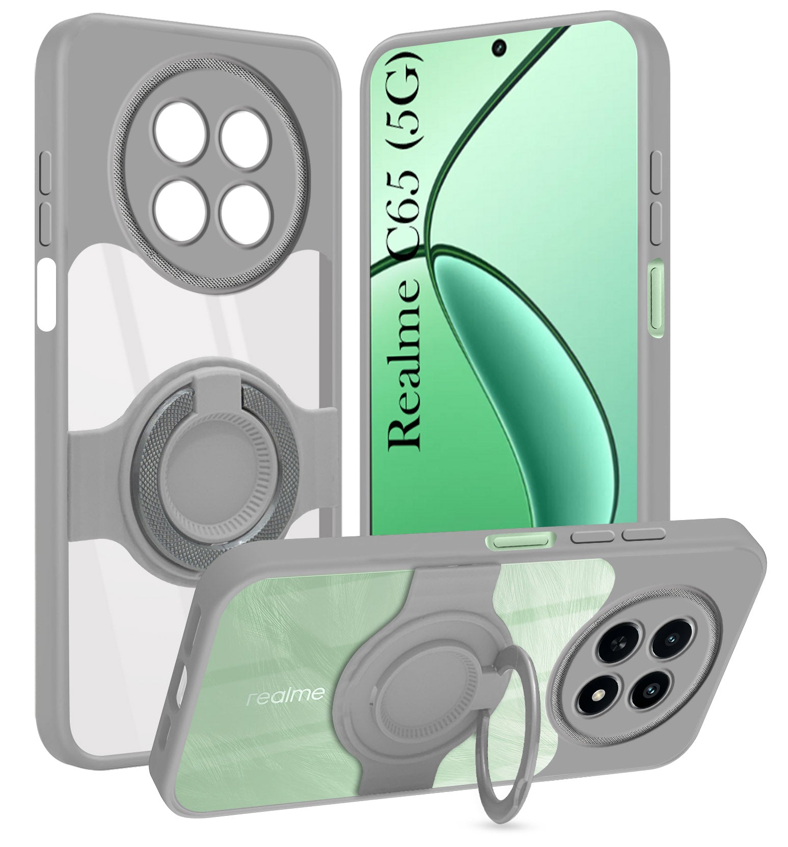 For Realme C65 5G Back Cover Case with stand (Built-in Ring Holder Kickstand | Lifetime Anti Yellow | Camera Protection)
