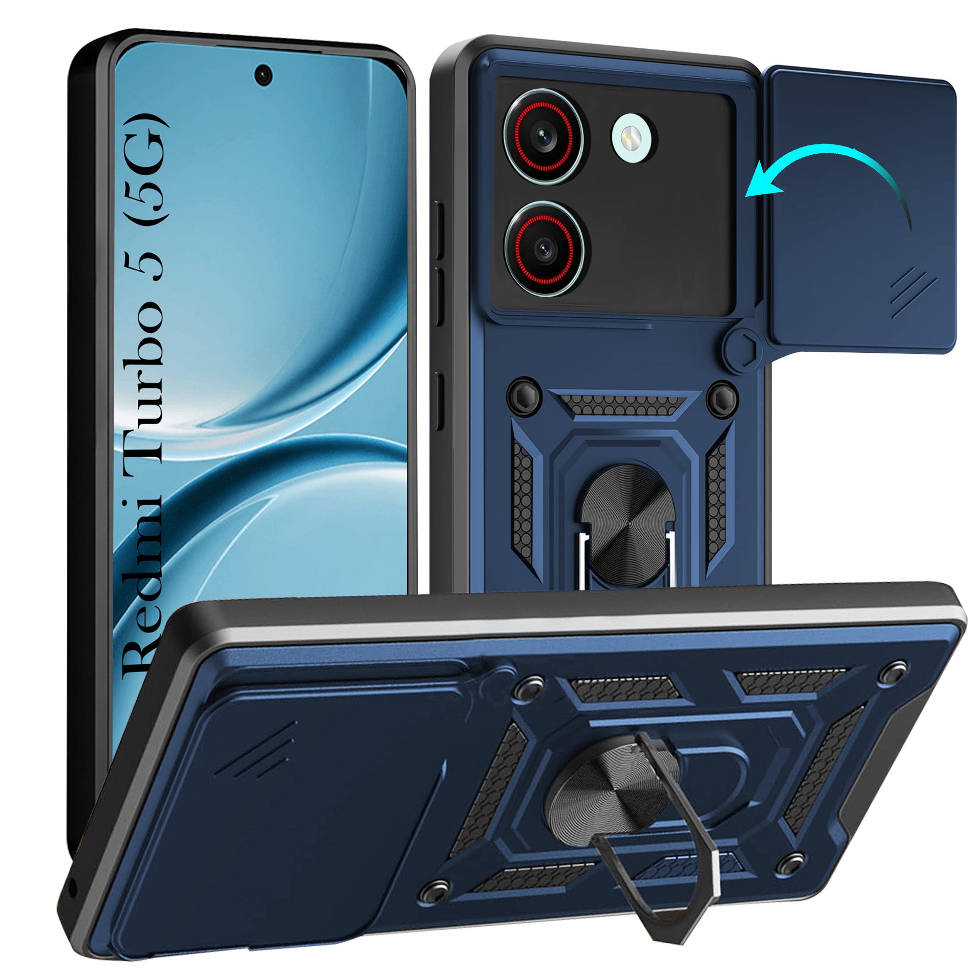 For Redmi Turbo 5 Back Cover Case Hybrid Armor (Sliding Shutter Camera Protection | Polycarbonate |Ring Holder Kickstand)