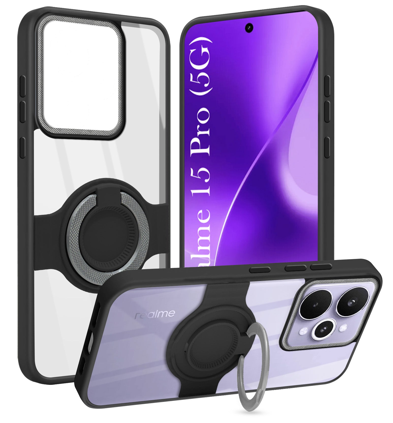 For Realme 15 Pro Back Cover Case with stand (Built-in Ring Holder Kickstand | Lifetime Anti Yellow | Camera Protection)