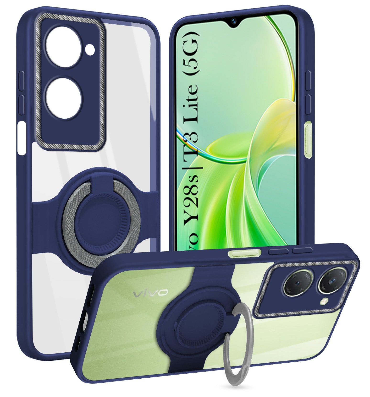 For Vivo T3 Lite 5G | Vivo Y28s 5G Back Cover Case with stand (Built-in Ring Holder Kickstand | Lifetime Anti Yellow | Camera Protection)