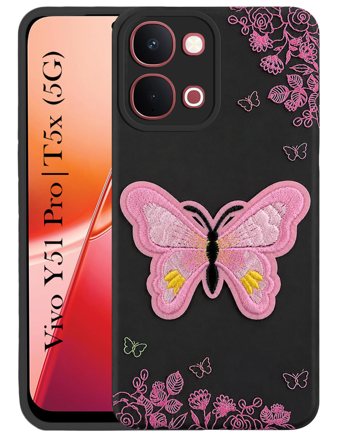 For Vivo Y51 Pro 5G | Vivo T5x Back Cover Case (Soft Butterfly Embroidery | Women Teen Girls | Camera Protection| Matte Silicone)