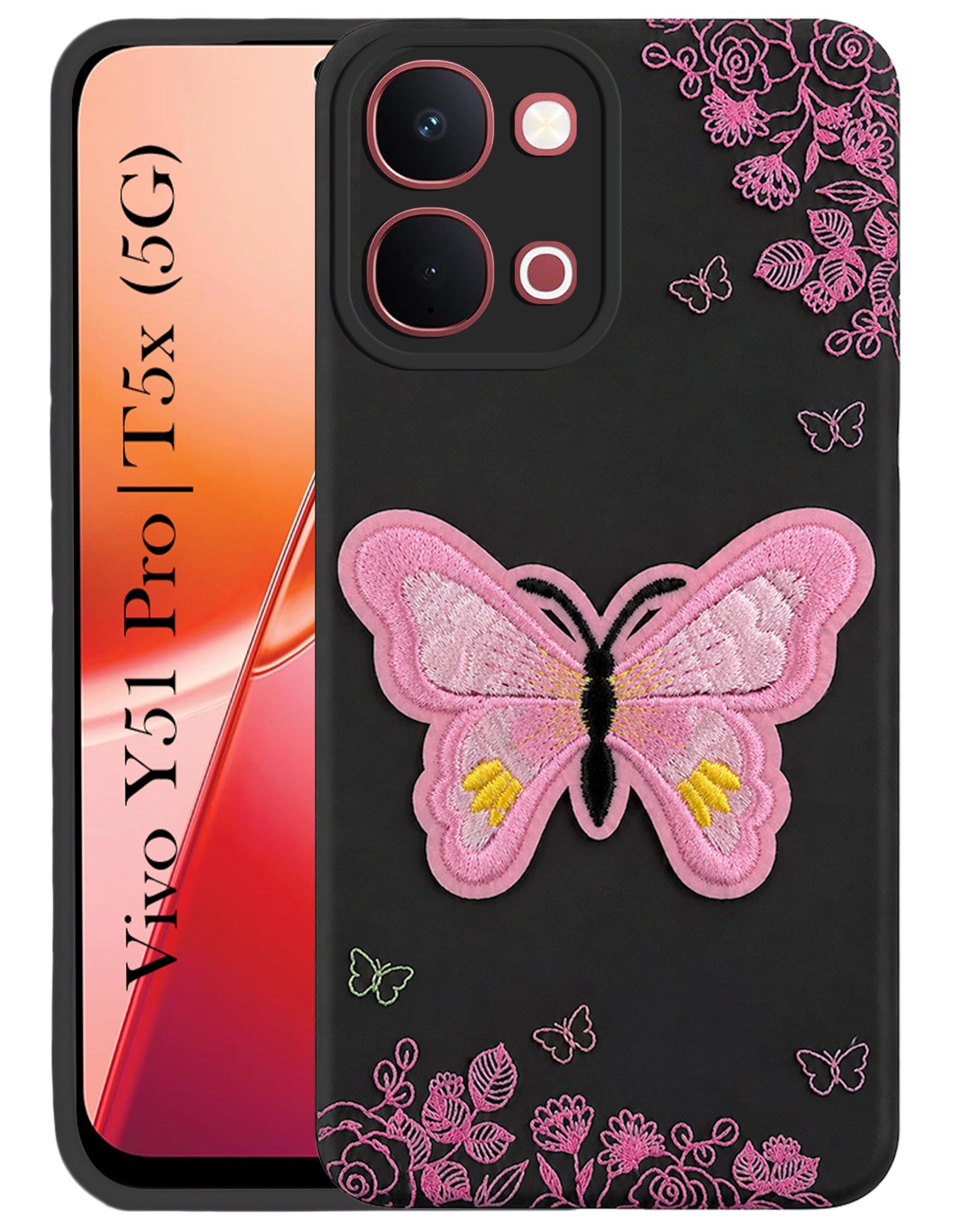 For Vivo Y51 Pro 5G | Vivo T5x Back Cover Case (Soft Butterfly Embroidery | Women Teen Girls | Camera Protection| Matte Silicone)