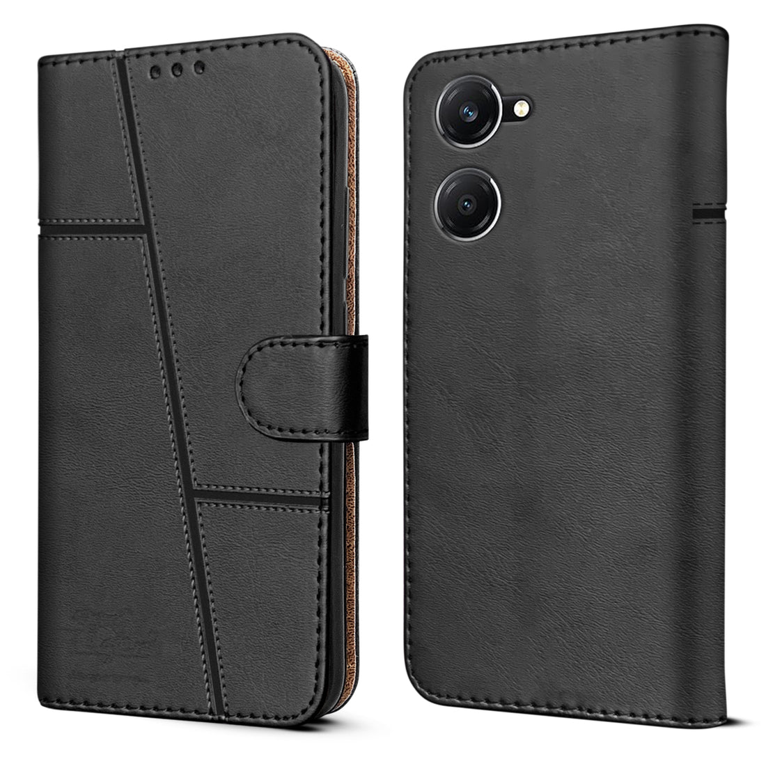 For Vivo T3 Lite 5G | Vivo Y28s 5G Flip Cover Case (Stitched Leather with Magnetic Closure | Black)