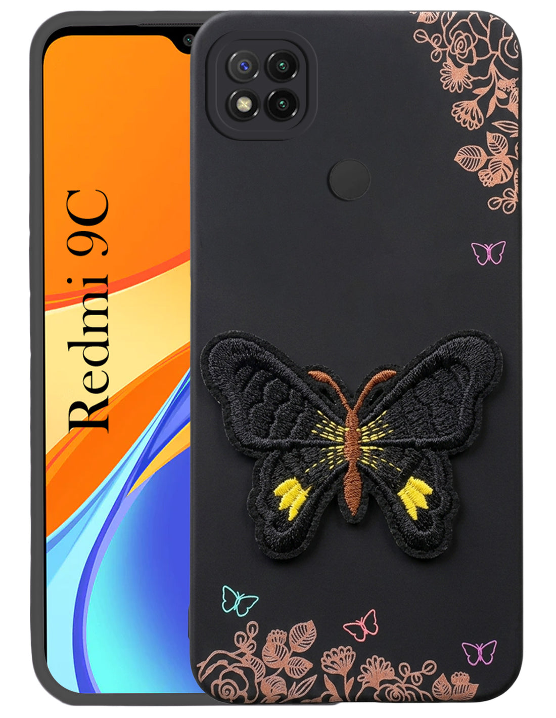 For Redmi 9C Back Cover Case (Soft Butterfly Embroidery | Women Teen Girls | Camera Protection| Matte Silicone)