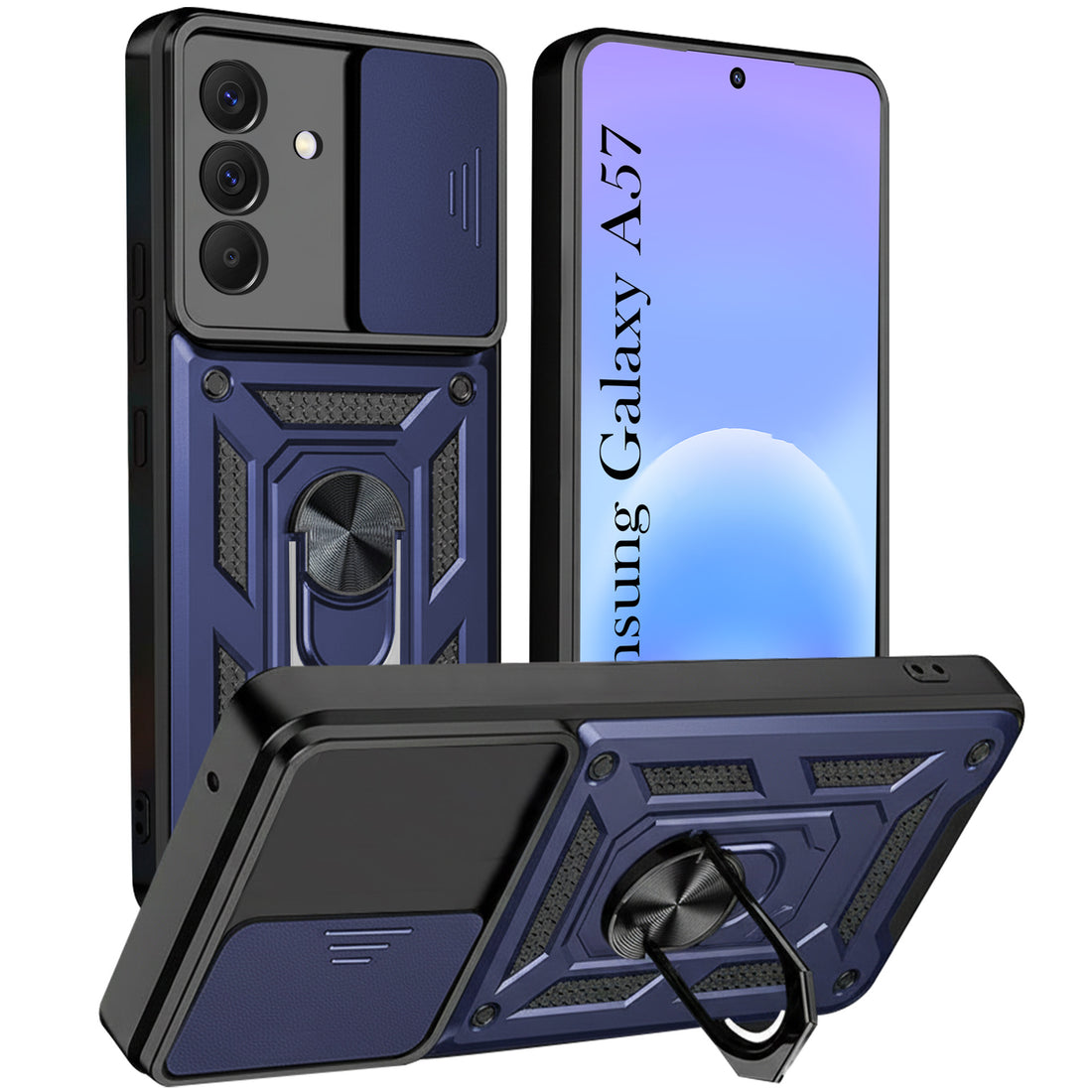 For Samsung Galaxy A57 5G Back Cover Case Hybrid Armor (Sliding Shutter Camera Protection | Polycarbonate |Ring Holder Kickstand)