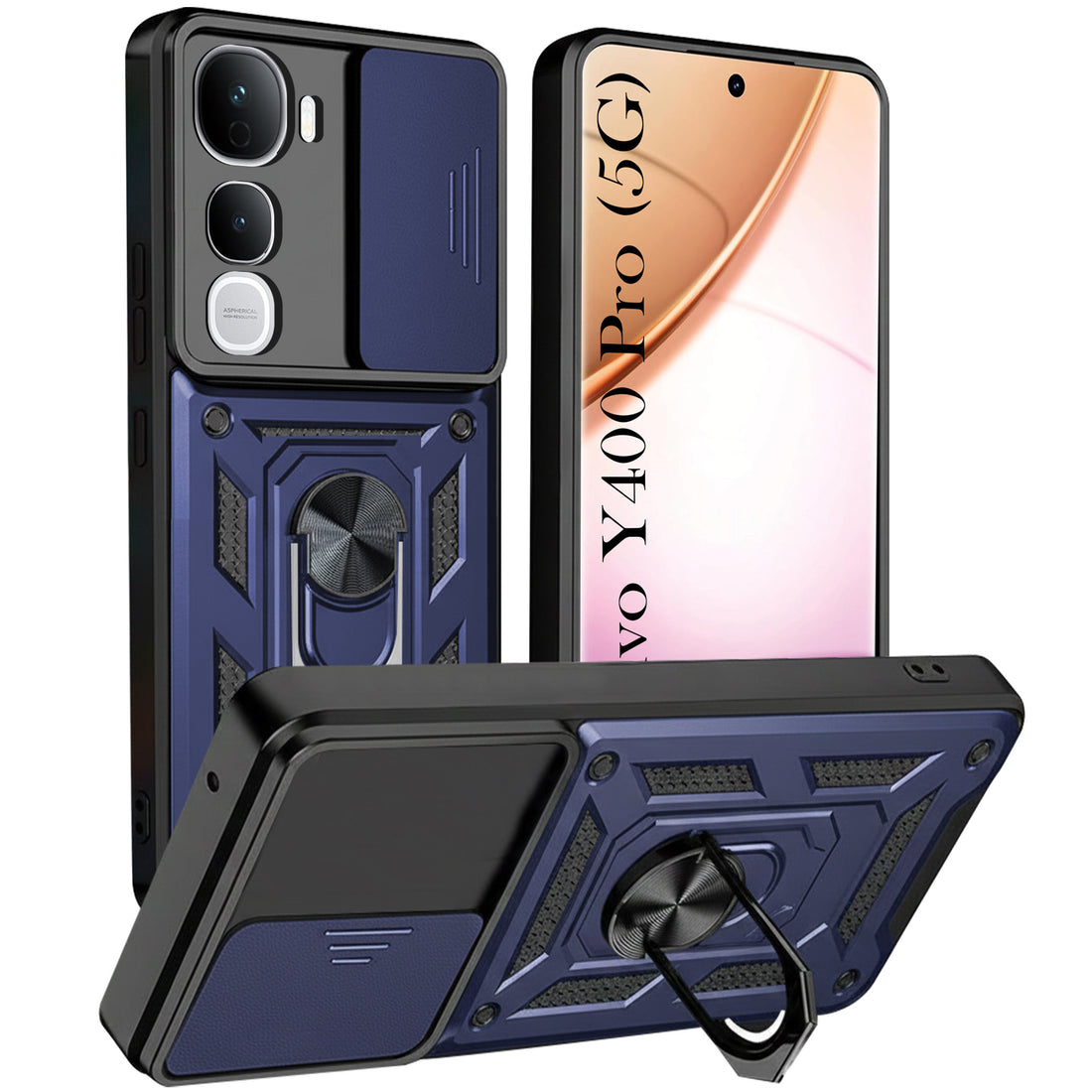 For Vivo Y400 Pro Back Cover Case Hybrid Armor (Sliding Shutter Camera Protection | Polycarbonate |Ring Holder Kickstand)