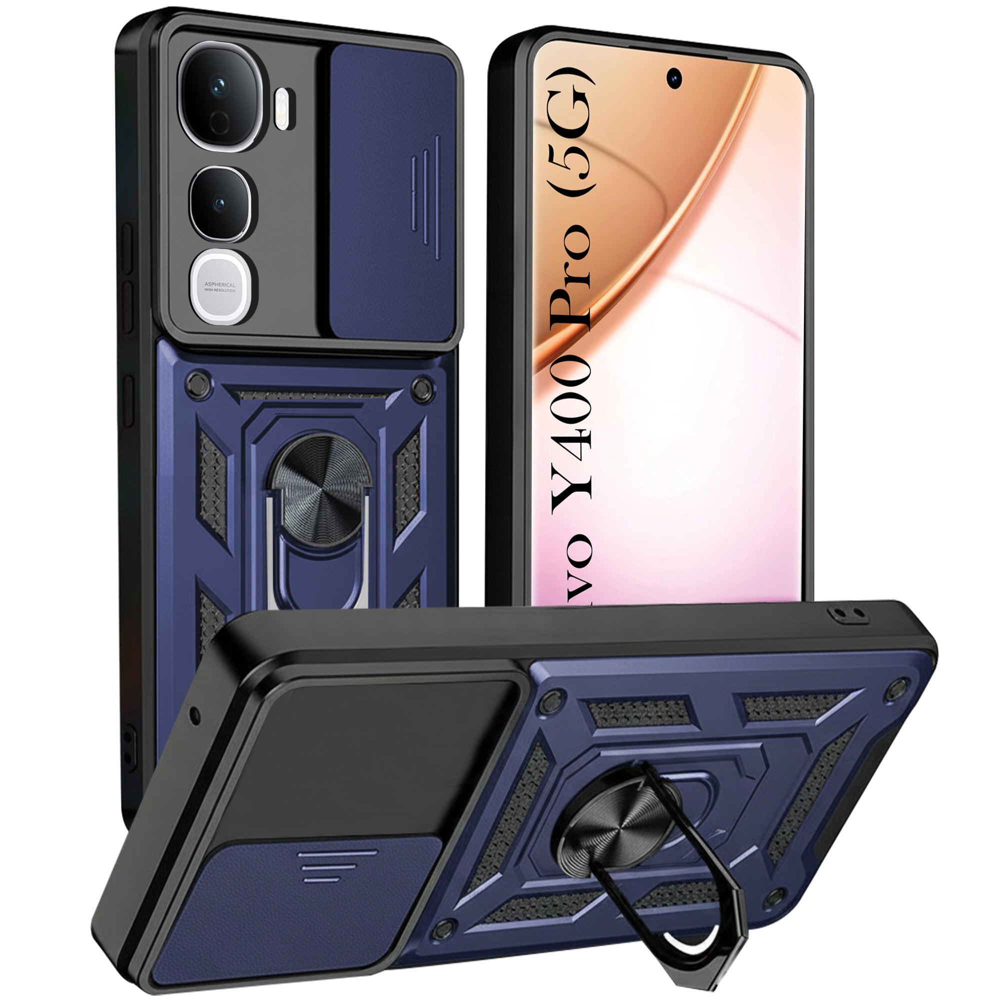 For Vivo Y400 Pro Back Cover Case Hybrid Armor (Sliding Shutter Camera Protection | Polycarbonate |Ring Holder Kickstand)