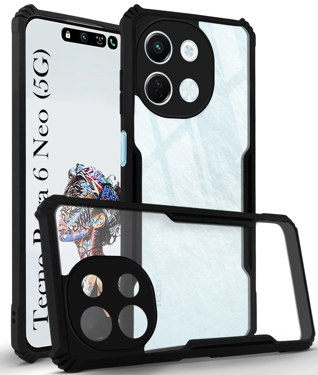 For Tecno Pova 6 Neo Back Cover Case  ( Shockproof with Polycarbonate Clear Panel | Professional Black)