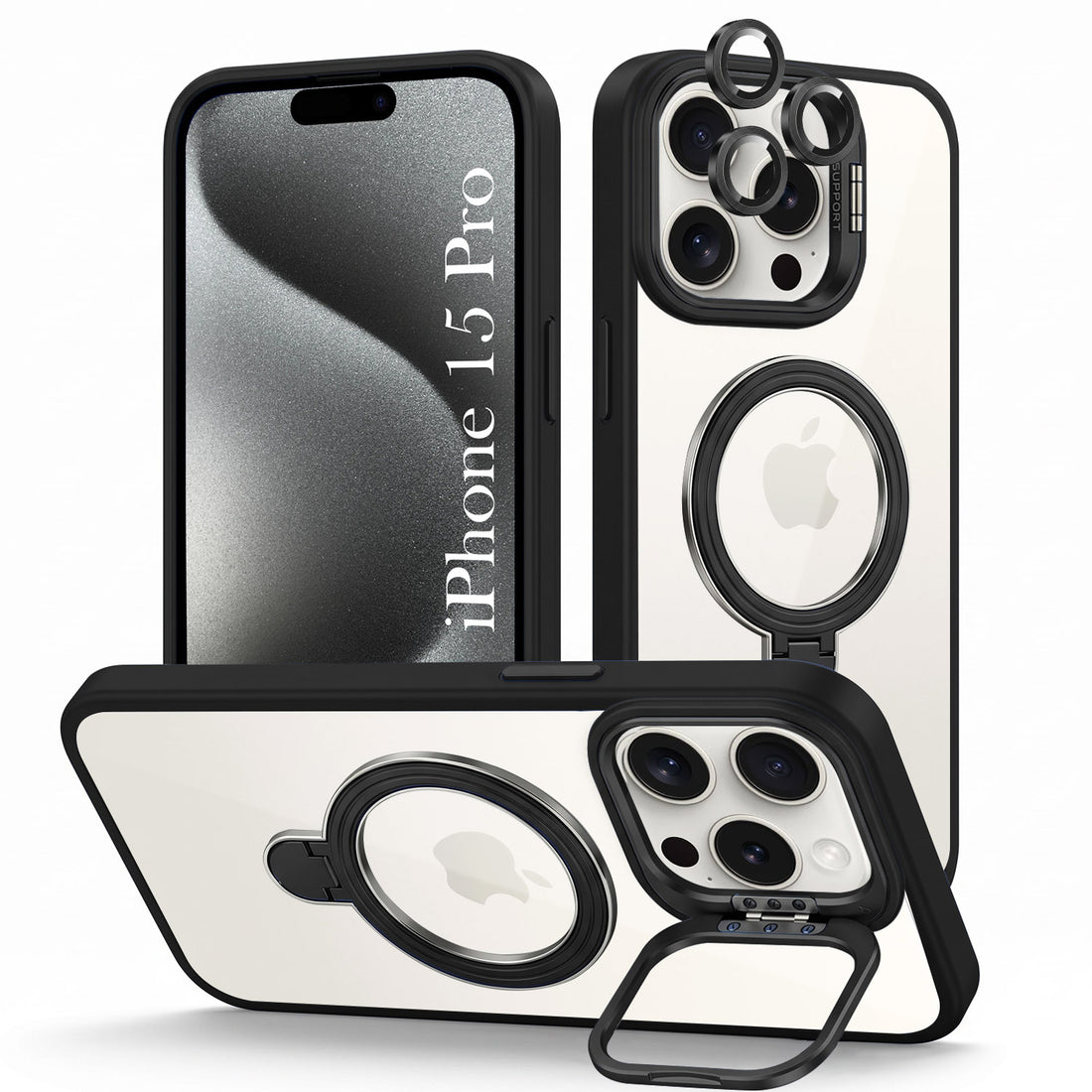 For Apple iPhone 15 Pro Back Cover Case Crystal (Lifetime Anti Yellow | Magnetic Ring Stand | Camera Lens Protection | MagSafe Compatible)