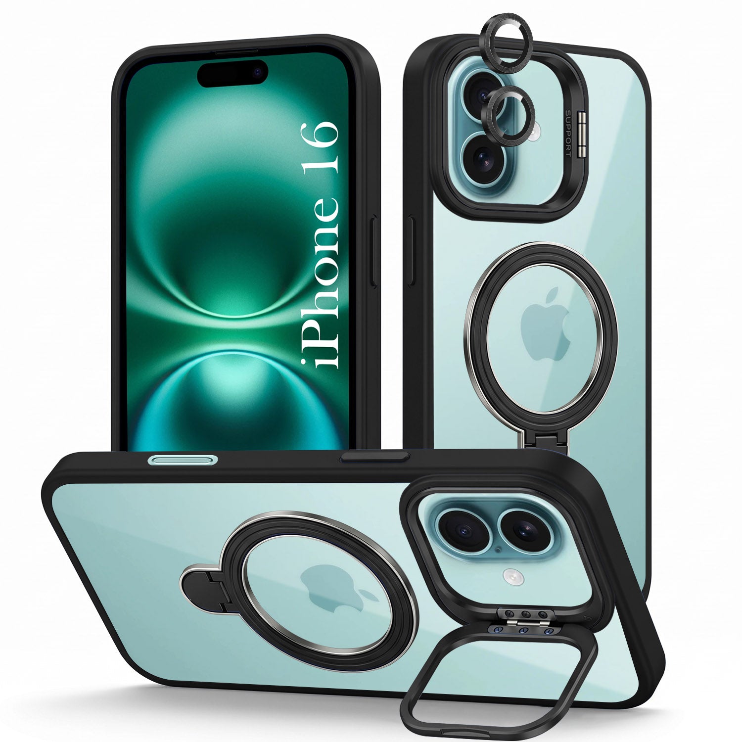 For Apple iPhone 16 Back Cover Case Crystal (Lifetime Anti Yellow | Magnetic Ring Stand | Camera Lens Protection | MagSafe Compatible)