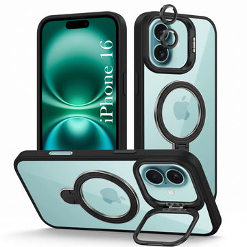 For Apple iPhone 16 Back Cover Case Crystal (Lifetime Anti Yellow | Magnetic Ring Stand | Camera Lens Protection | MagSafe Compatible)