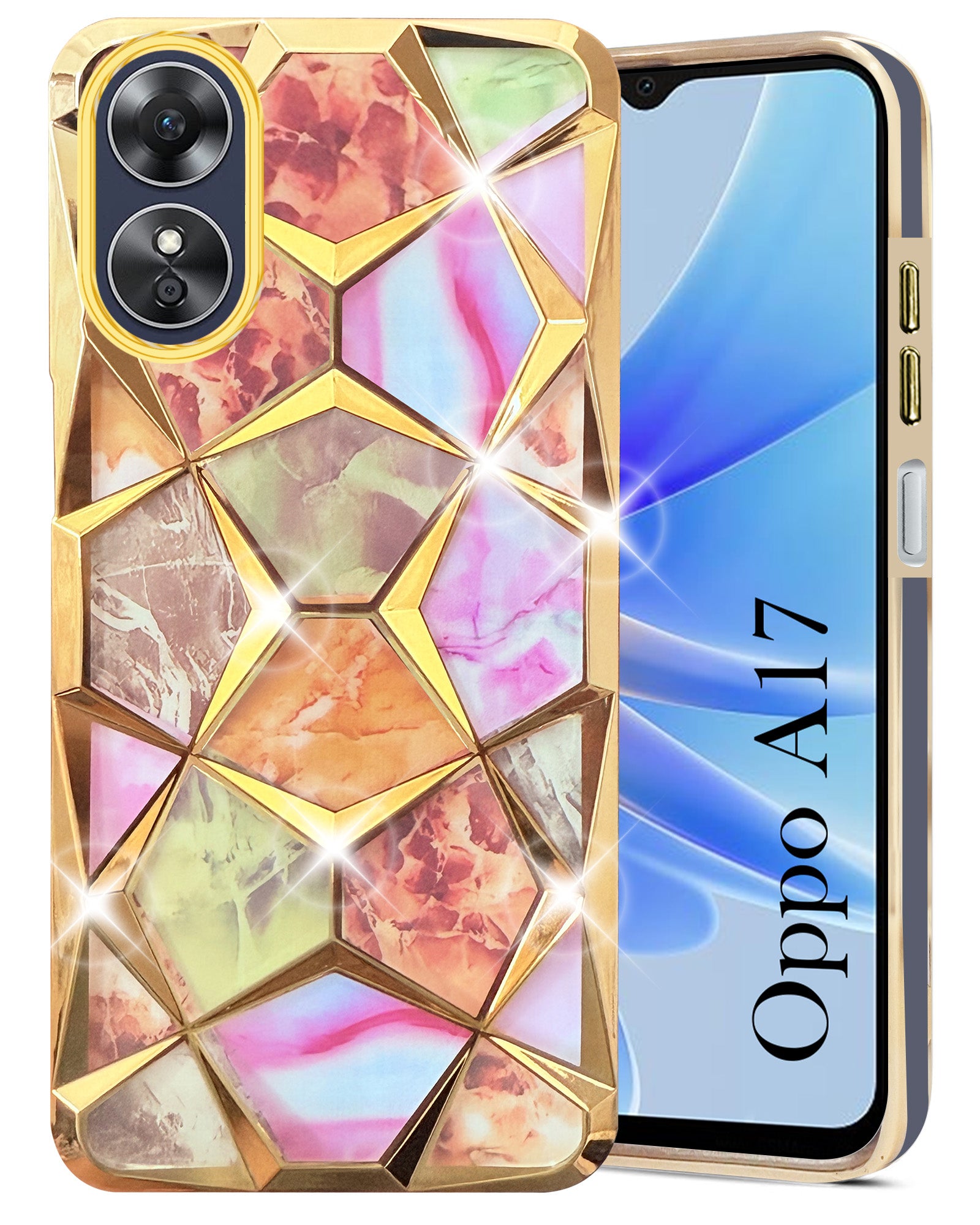 For Oppo A17 Back Cover Case Compatible 3D Silicone (Dual Design Glitter Sparkle and Detachable Diamond Print Case | Soft and Flexible)