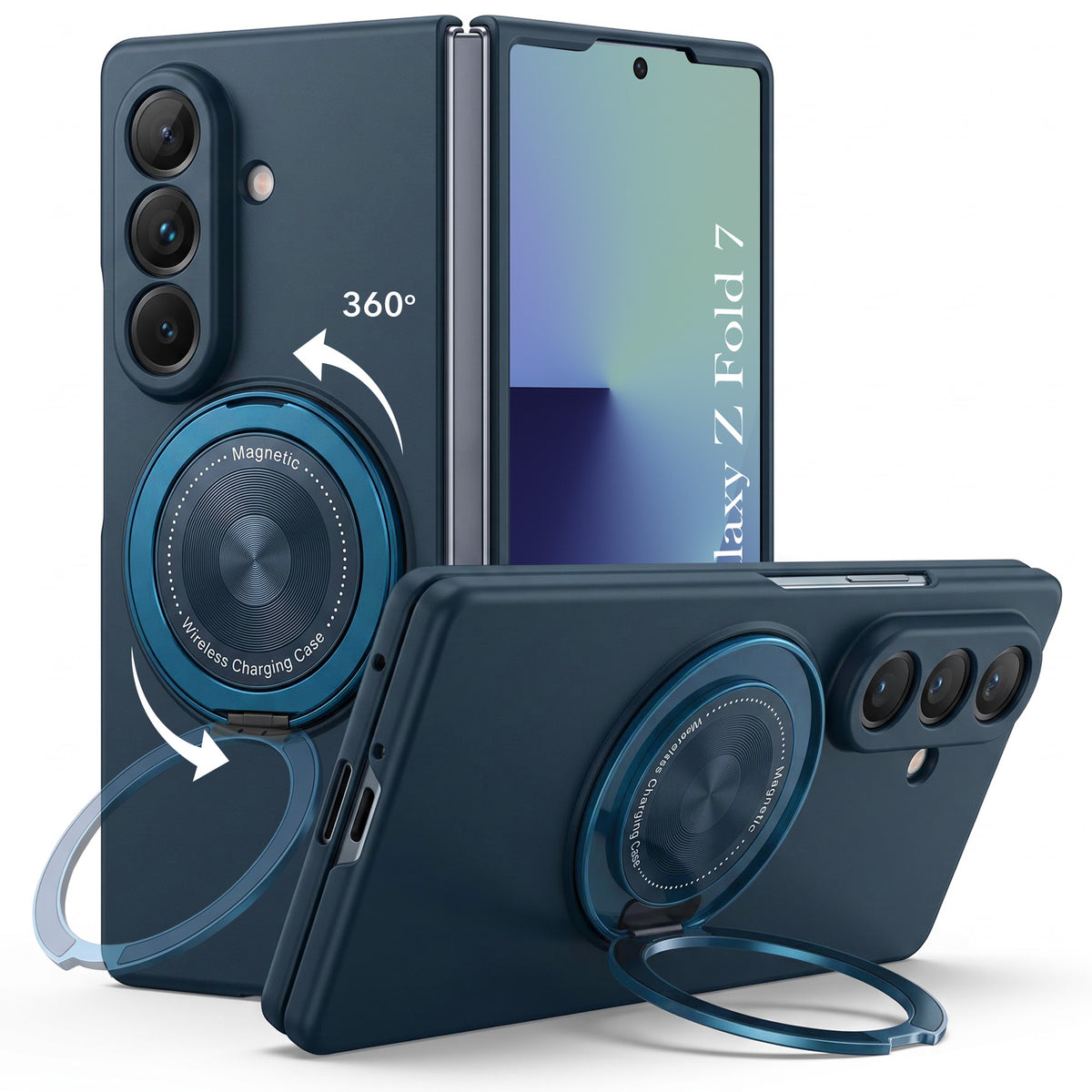 For Samsung Galaxy Z Fold 7 Back Cover Case (360° Rotating Kickstand Ring | Shockproof Camera Protection | Magnetic MagSafe Wireless Charging Support)