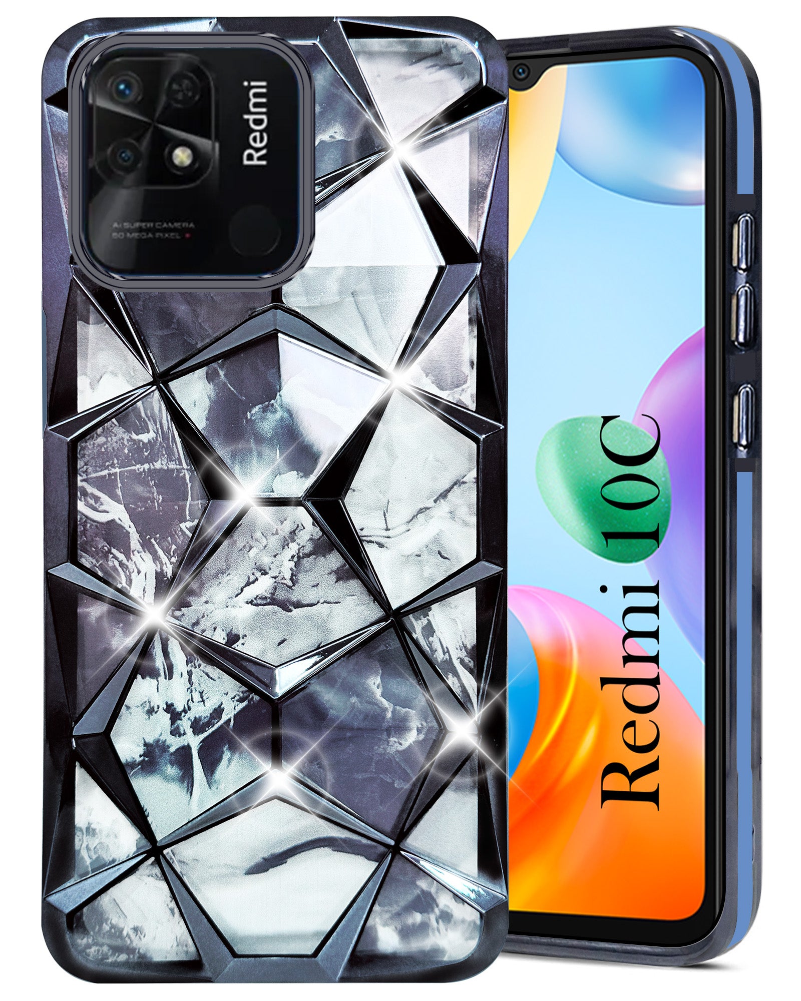 For Xiaomi Redmi 10C Back Cover Case ( Dual Design Glitter Sparkle and Detachable Diamond Print Case | Soft and Flexible)