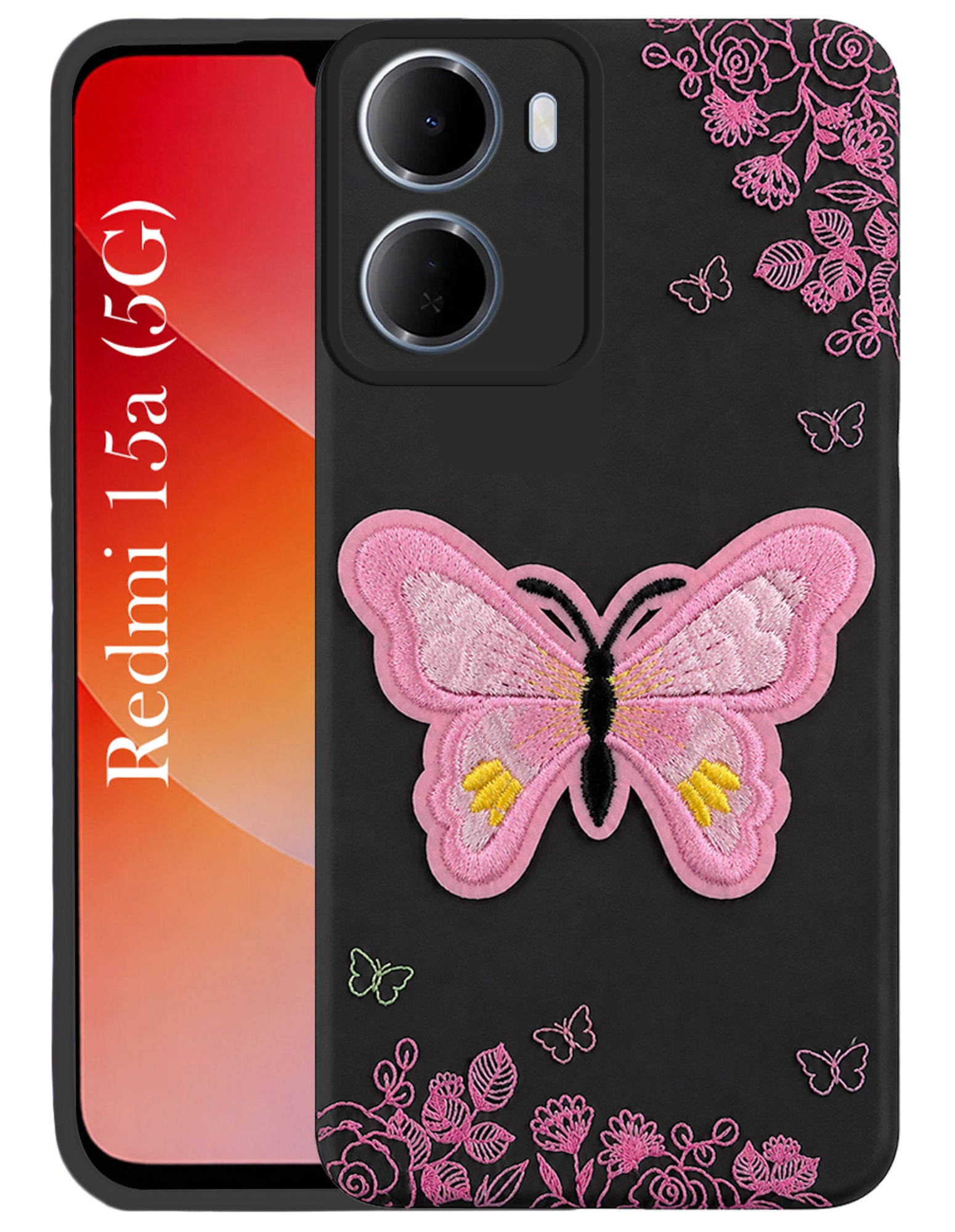 For Redmi 15A 5G Back Cover Case (Soft Butterfly Embroidery | Women Teen Girls | Camera Protection| Matte Silicone)