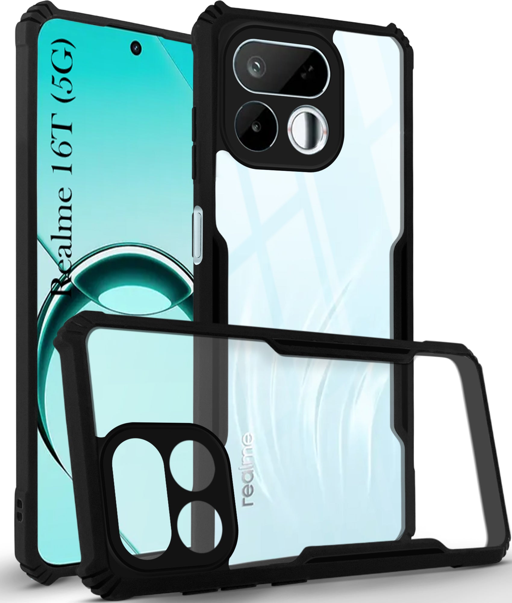 For Realme 16T 5G Back Cover Case Hybrid (Shockproof with Polycarbonate Clear Panel | Professional Black)