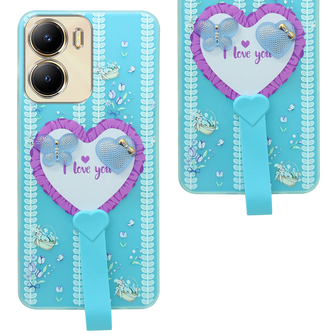 For Vivo Y56 5G Back Cover Case (3D Cute Heart Strap Holder | Camera Protection | Designer Girls Print)