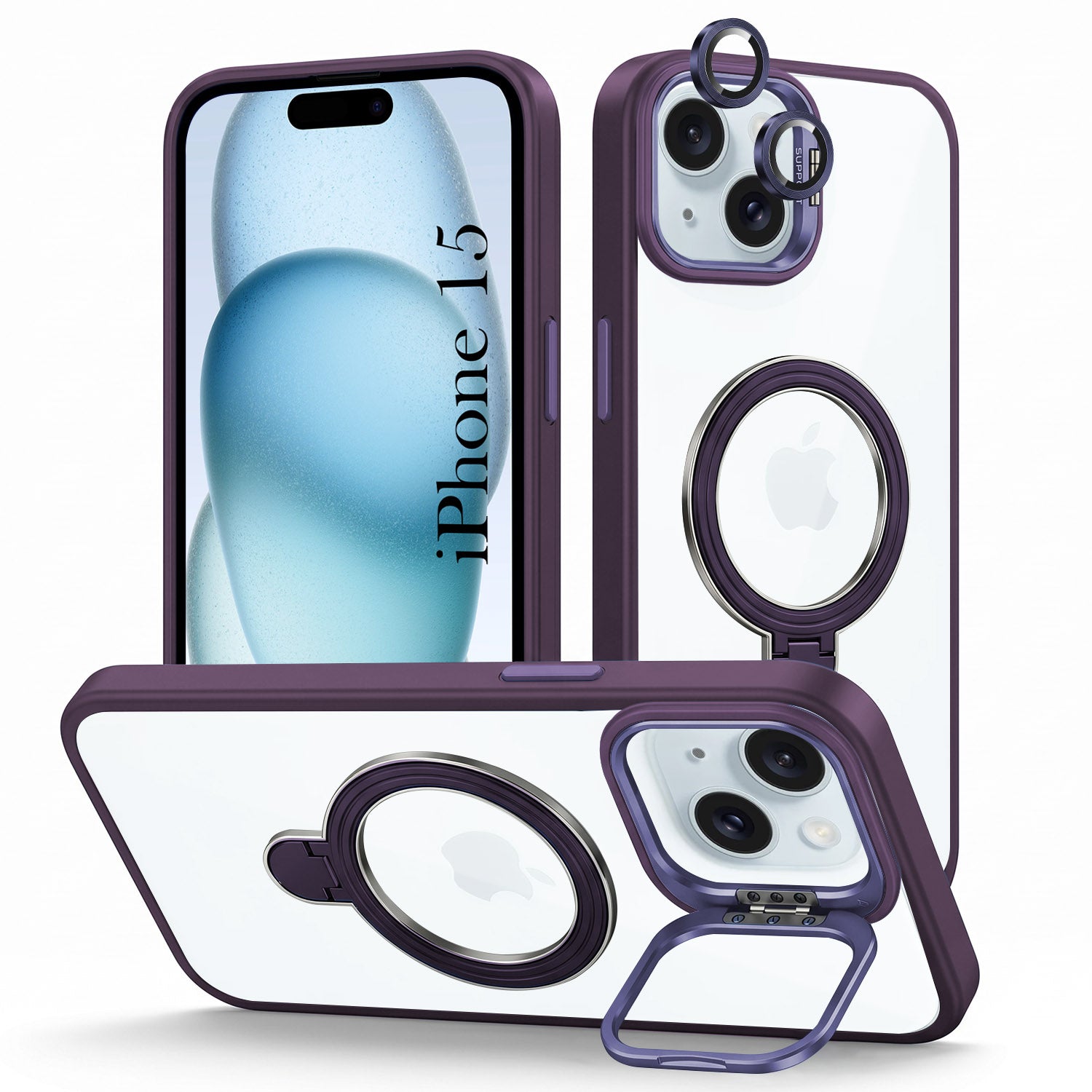 For Apple iPhone 15 Back Cover Case Crystal (Lifetime Anti Yellow | Magnetic Ring Stand | Camera Lens Protection | MagSafe Compatible)