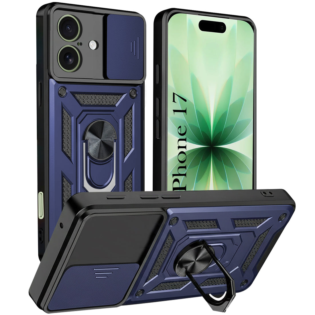 For Apple iPhone 17 Back Cover Case (Sliding Shutter Camera Protection | Polycarbonate |Ring Holder Kickstand)
