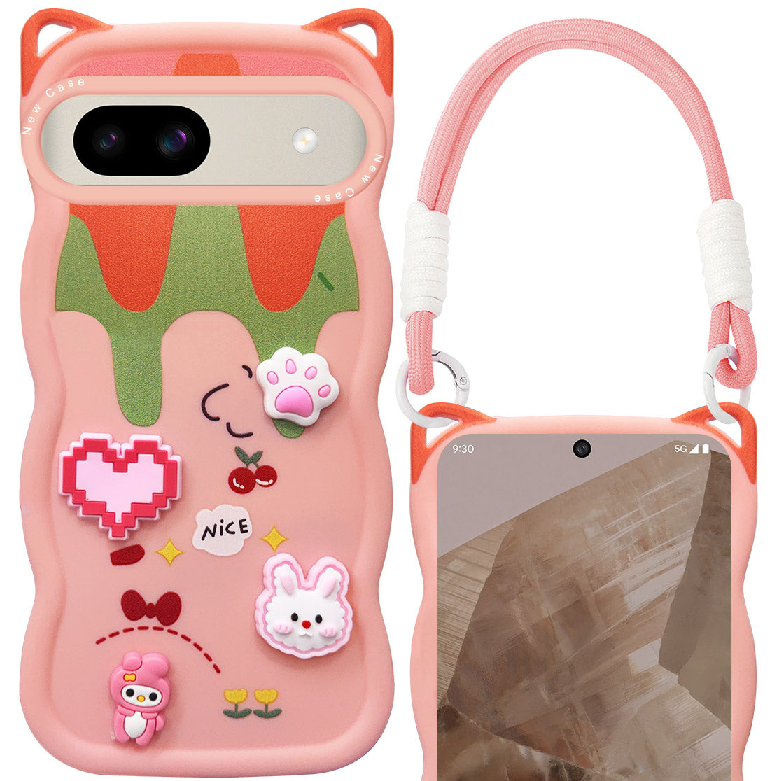 For Google Pixel 8a Back Case Cover Strap (3D Embossed Figures | Strap Holder | 360* Soft Cushion with Camera Bump)