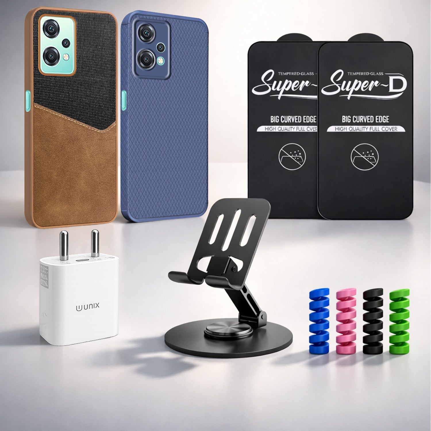 Complete Mobile Care Kit (Get Any 2 Cases+2 Tempered Glass+25W Charger Adapter+Metallic Mobile Stand+Cable Protector)