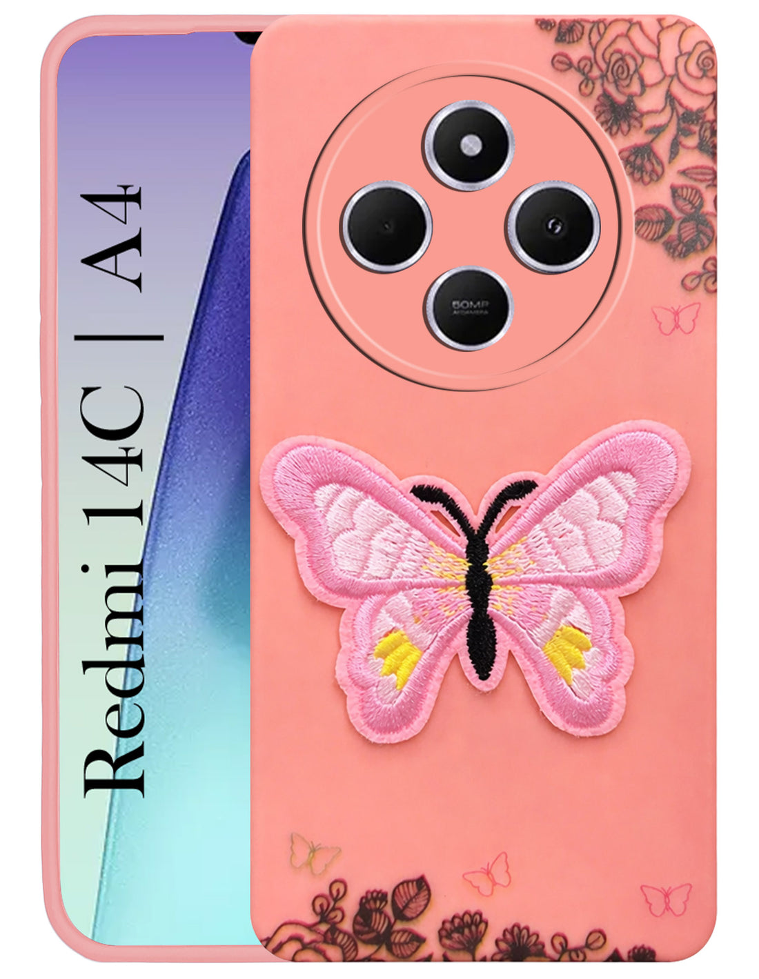 For Redmi A4 5G | Xiaomi Redmi 14C Back Cover Case (Soft Butterfly Embroidery | Women Teen Girls | Camera Protection| Matte Silicone)