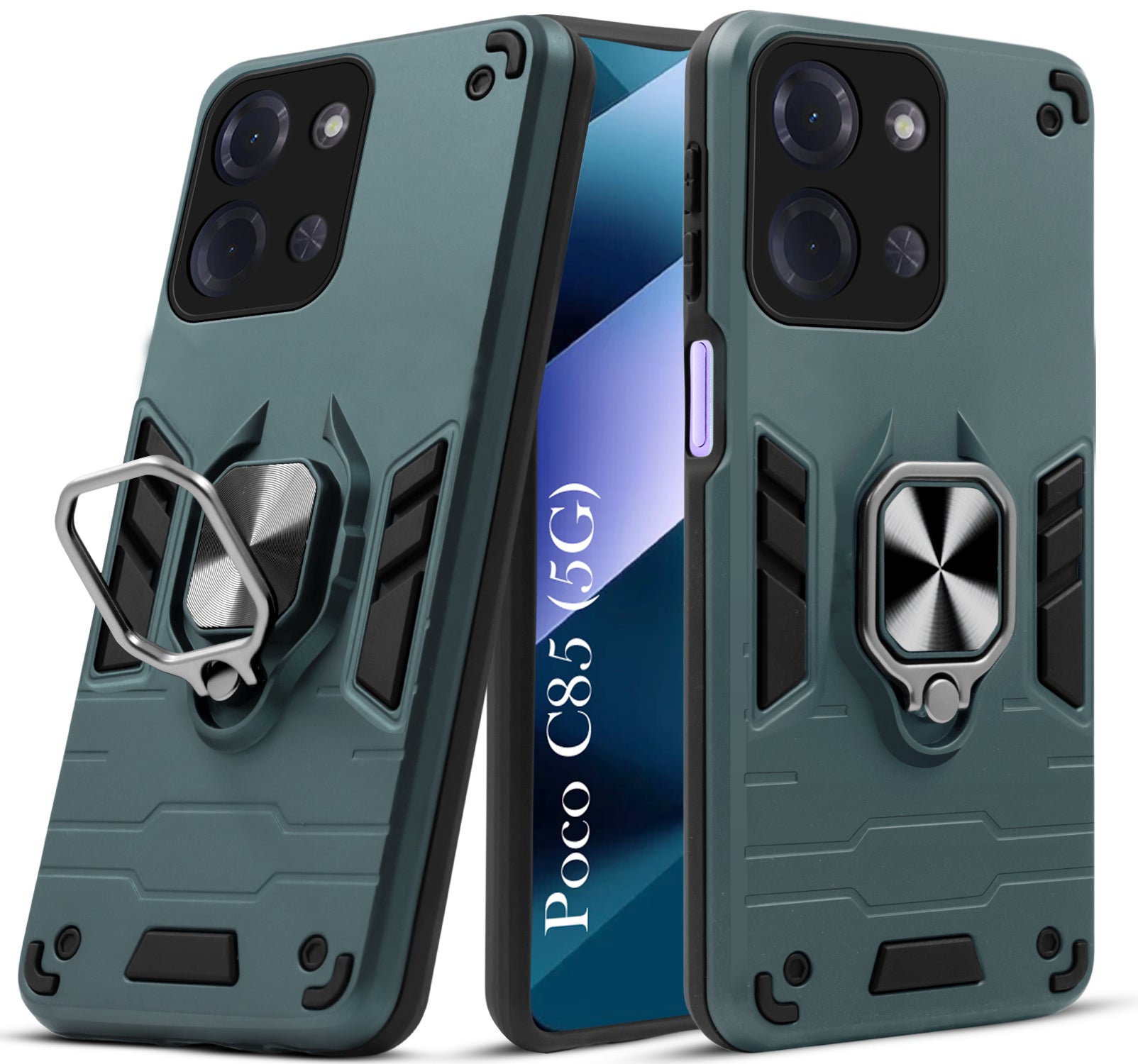 For Poco C85 5G Hybrid Armor Back Cover Case (Shockproof Dual Layer Polycarbonate |Ring Holder Kickstand)