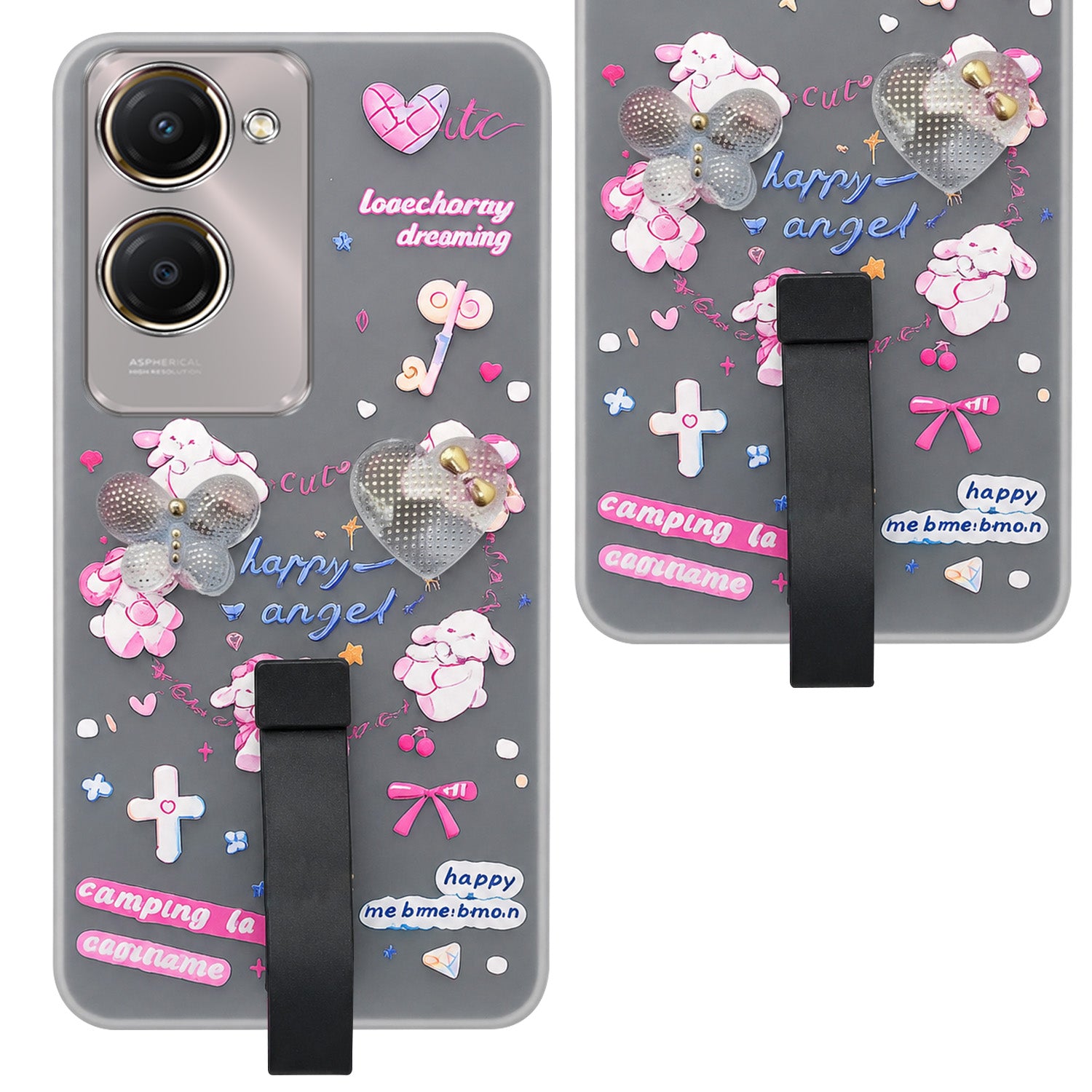 For Vivo Y28s 5G | Vivo T3 Lite 5G Back Cover Case (3D Cute Heart Strap Holder | Camera Protection | Designer Girls Print)