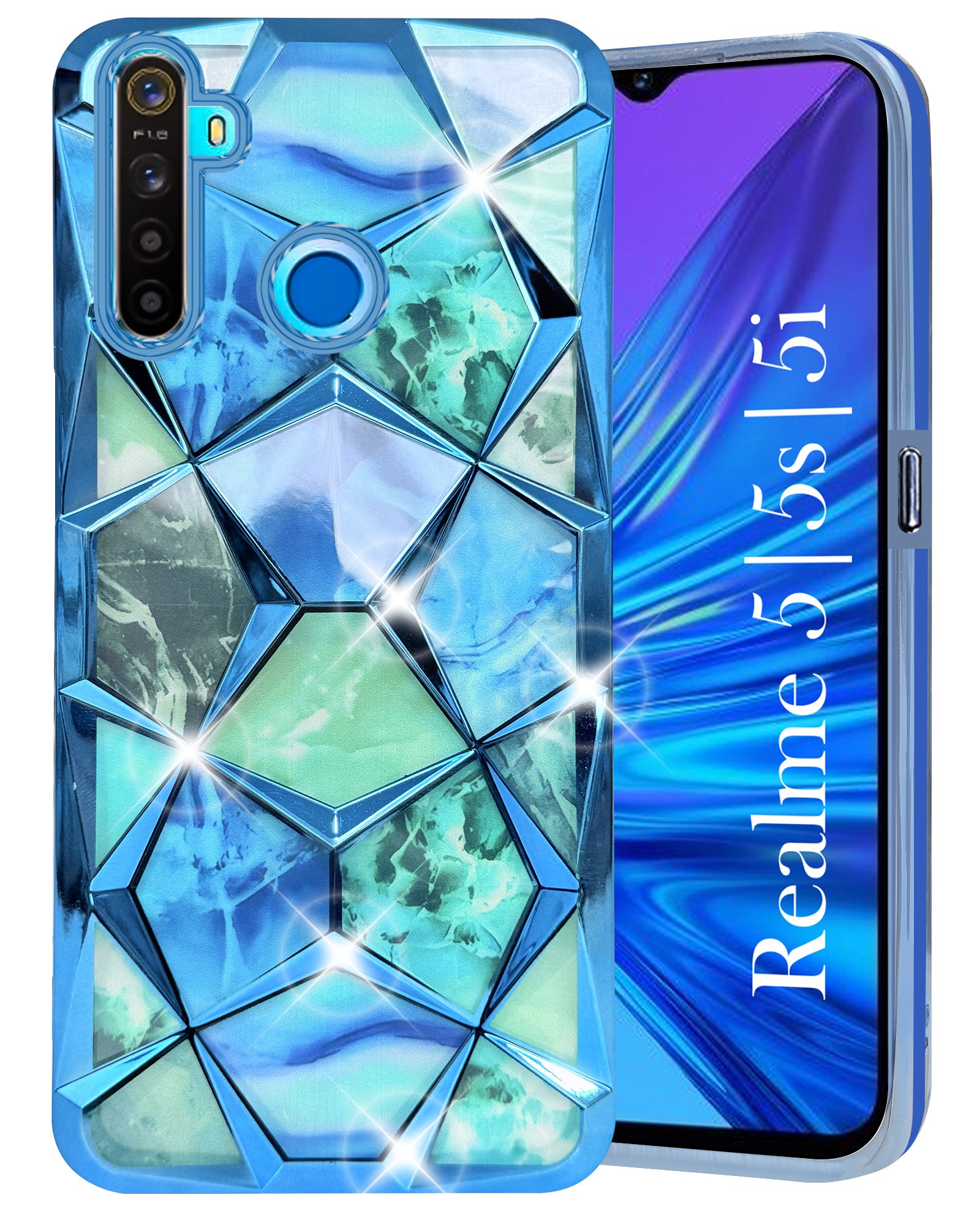 For Realme 5 | 5s | 5i Back Cover Case (Dual Design Glitter Sparkle and Detachable Diamond Print Case | Soft and Flexible)