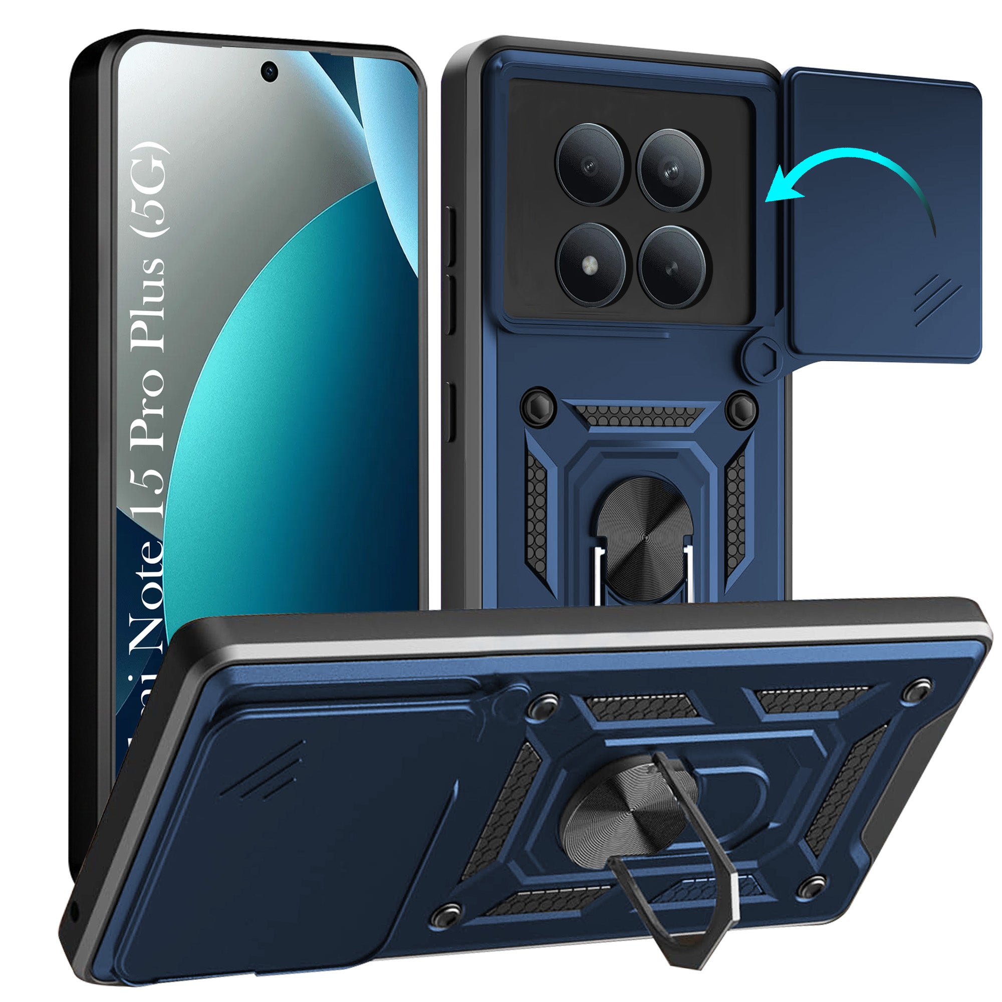 For Xiaomi Redmi Note 15 Pro Plus 5G Back Cover Case Hybrid Armor (Sliding Shutter Camera Protection | Polycarbonate |Ring Holder Kickstand)