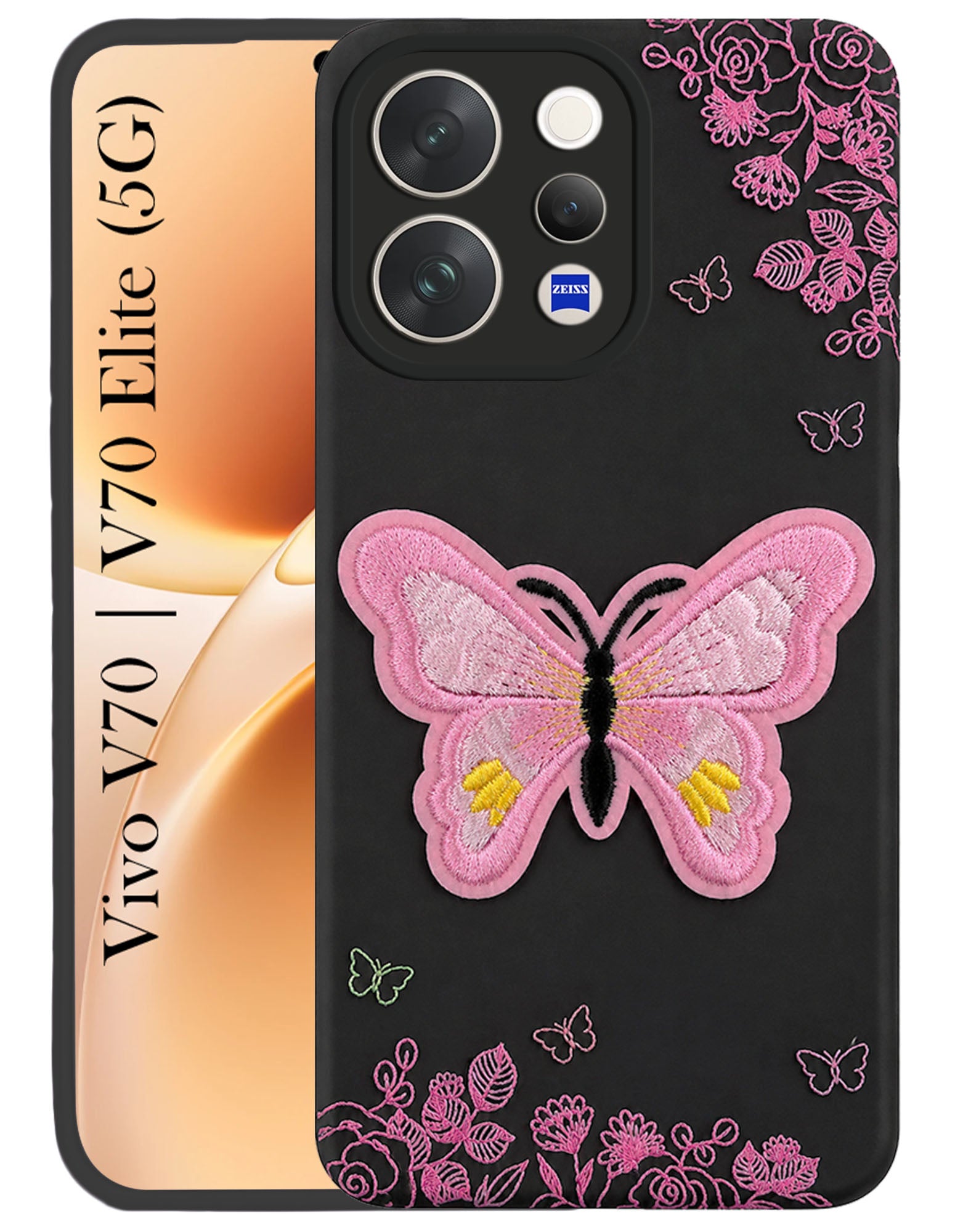 For Vivo V70 | Vivo V70 Elite 5G Back Cover Case (Soft Butterfly Embroidery | Women Teen Girls | Camera Protection| Matte Silicone)