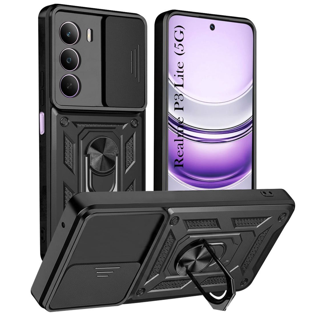 For Realme P3 Lite Back Cover Case (Sliding Shutter Camera Protection | Polycarbonate |Ring Holder Kickstand)