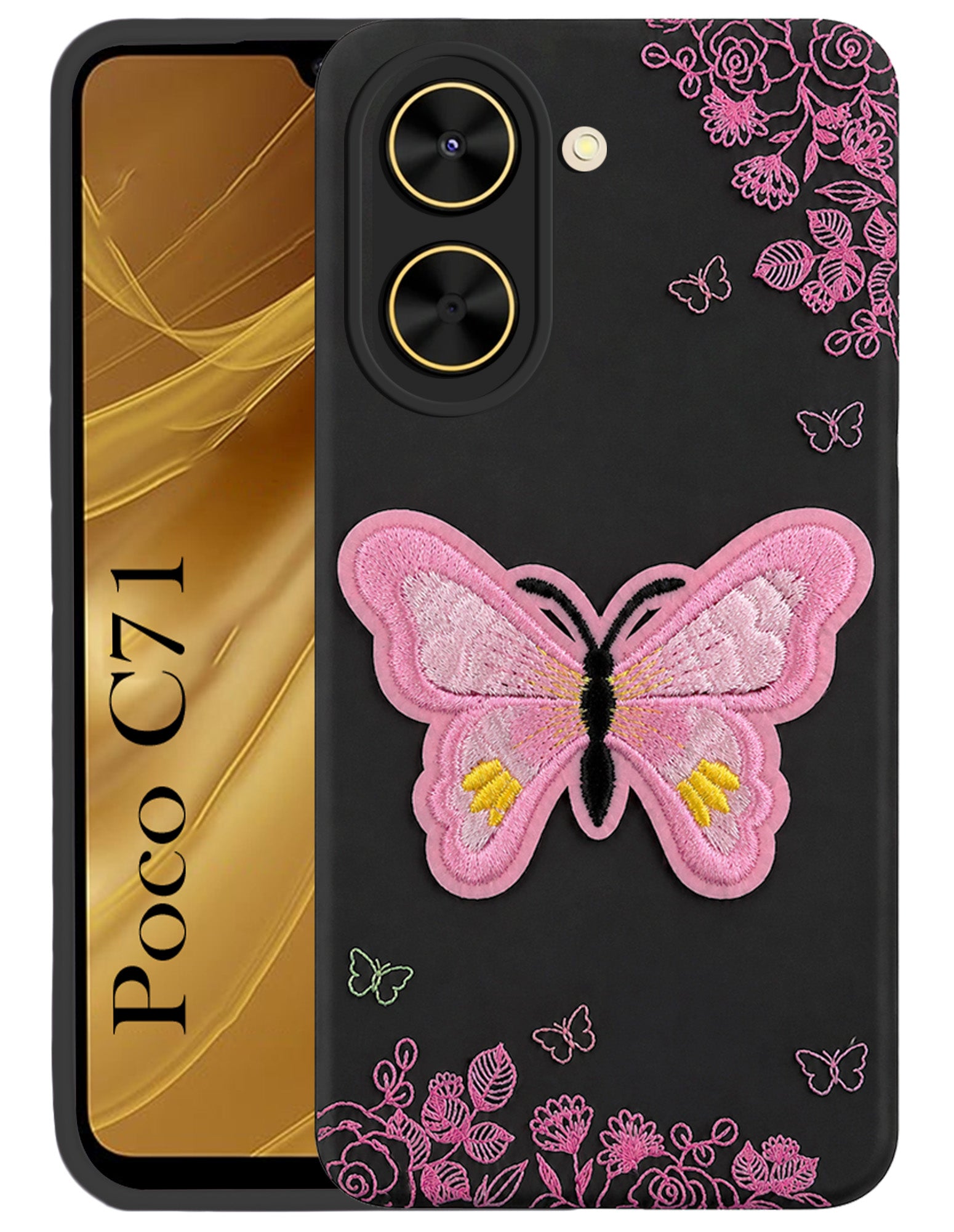 For Poco C71 Back Cover (Soft Butterfly Embroidery | Women Teen Girls | Camera Protection| Matte Silicone)