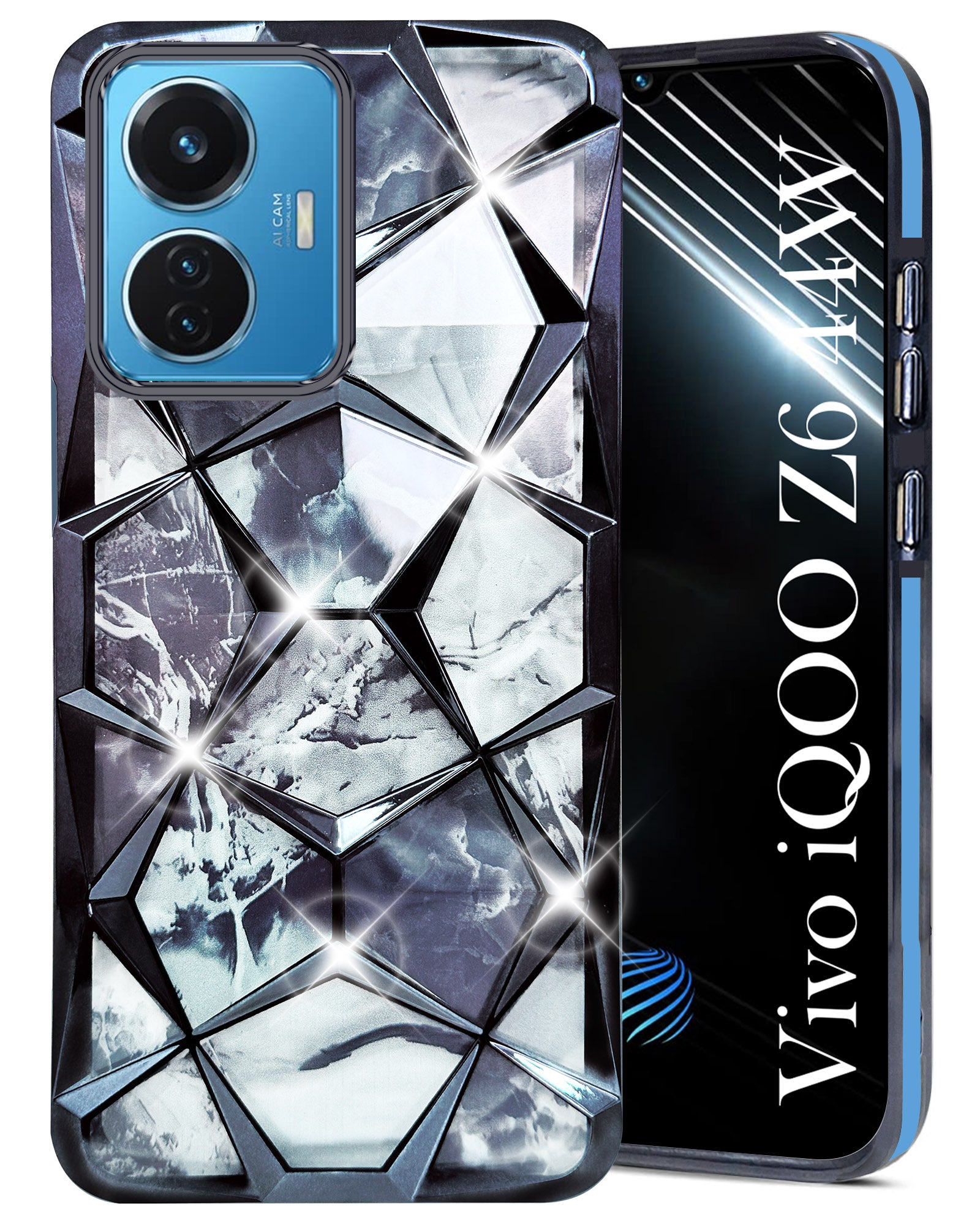 For Vivo IQOO Z6 44W Back Cover Case (Dual Design Glitter Sparkle and Detachable Diamond Print Case | Soft and Flexible)