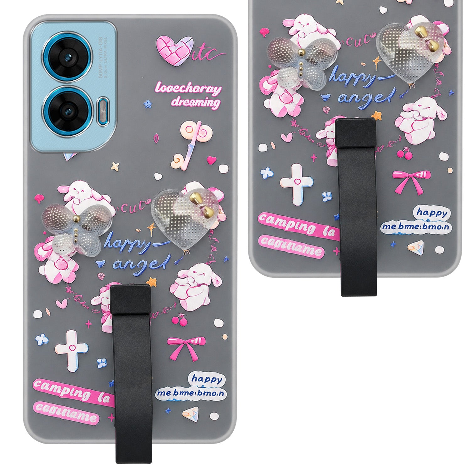 For Motorola Moto G96 Back Cover Case (3D Cute Heart Strap Holder | Camera Protection | Designer Girls Print)