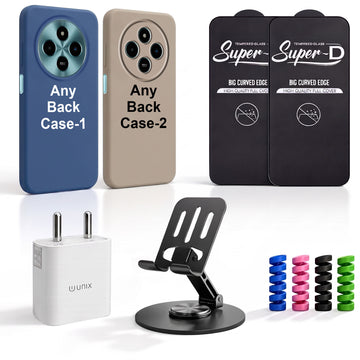 Complete Mobile Care Kit (Get Any 2 Cases+2 Tempered Glass+25W Charger Adapter+Metallic Mobile Stand+Cable Protector)