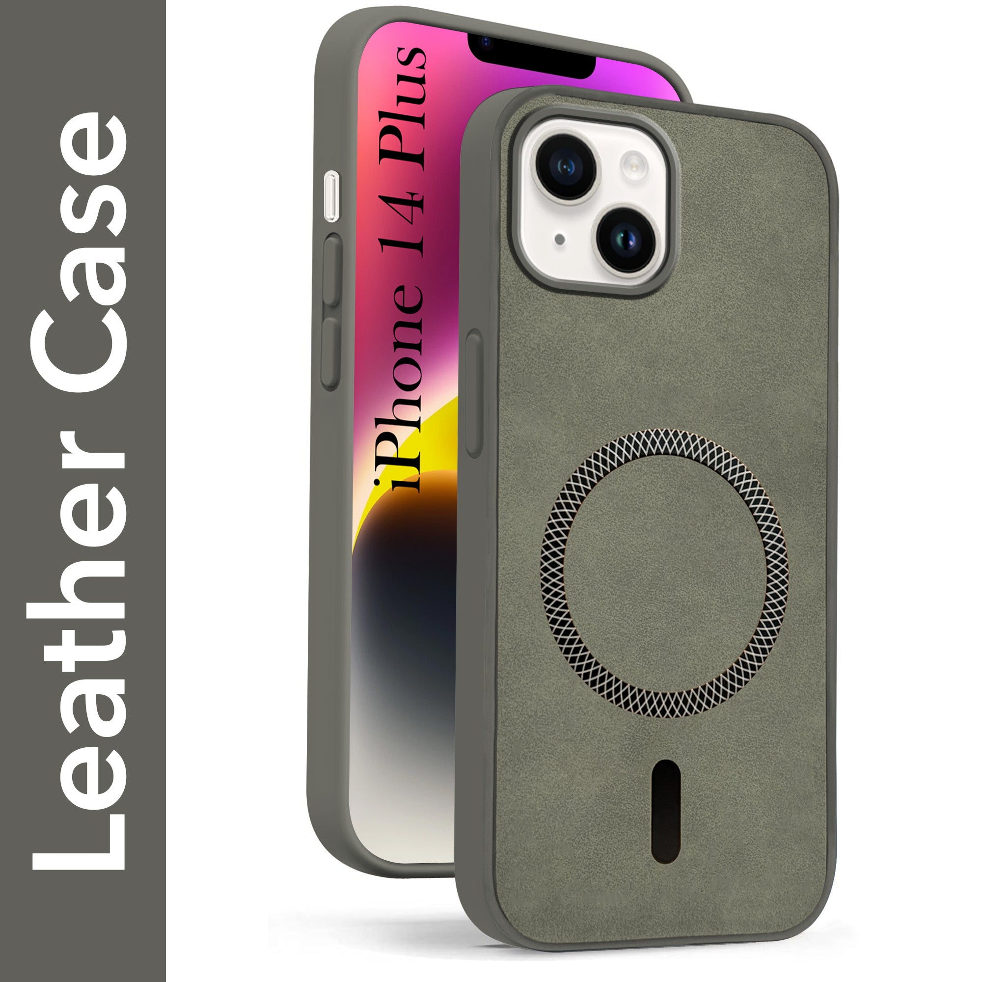 For Apple iPhone 14 Plus Back Cover Case Leather Finish (MagSafe Compatible Wireless Charging | Soft Touch | Camera Bump Protection)